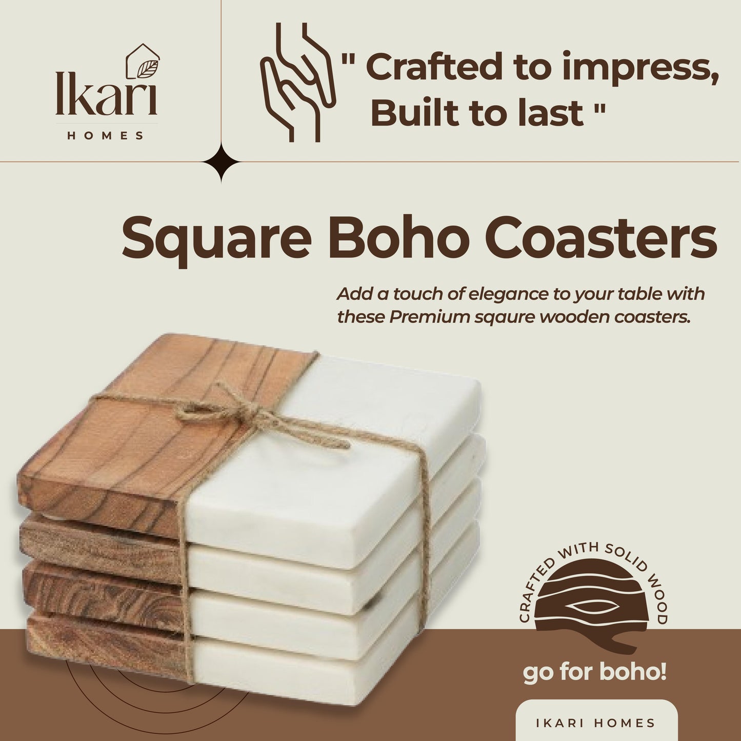 Boho Square Coasters – Natural Marble and Wood Blend (Set of 4)