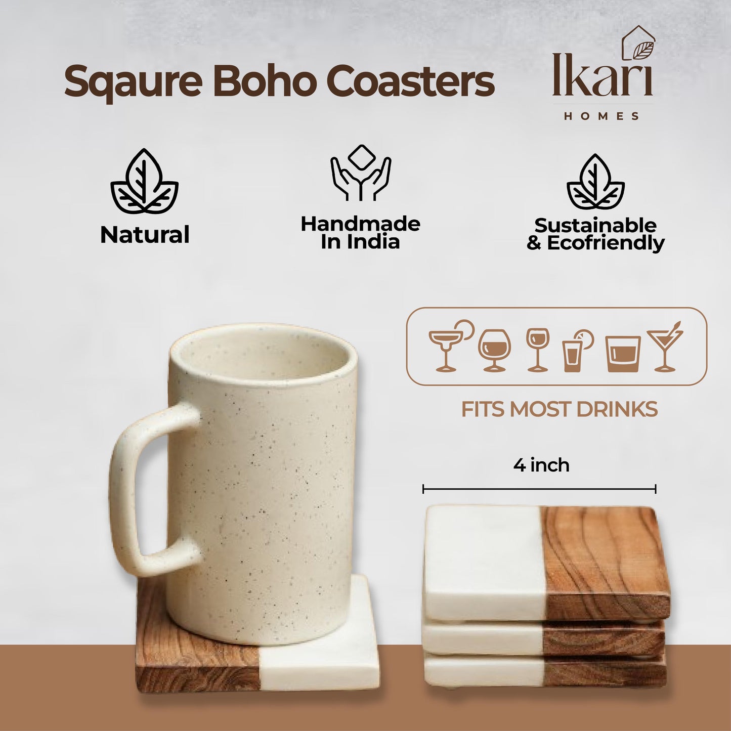 Boho Square Coasters – Natural Marble and Wood Blend (Set of 4)