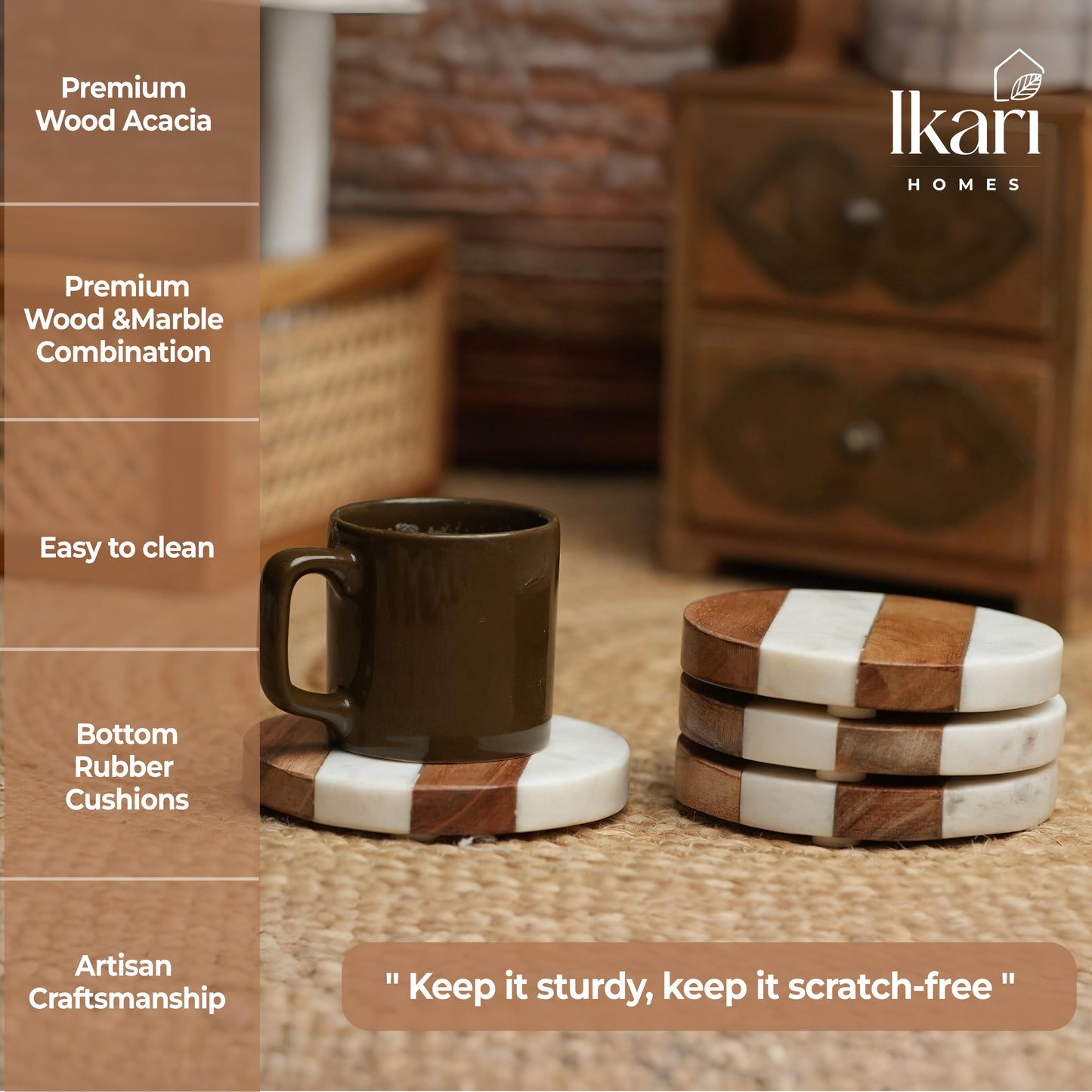 Boho Terra Duo Round Marble & Wood Coasters, Set of 4