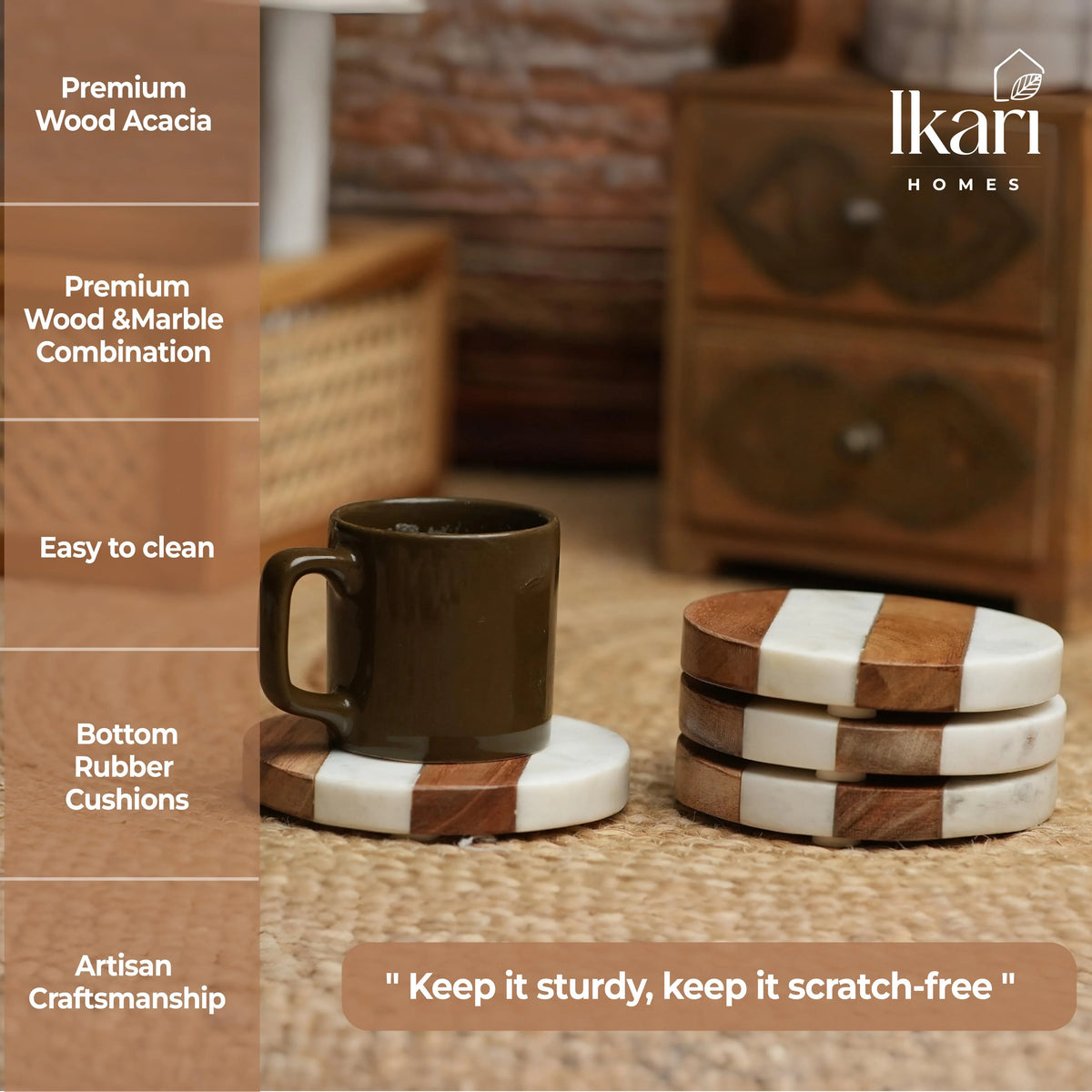 Boho Terra Duo Round Marble & Wood Coasters, Set of 4