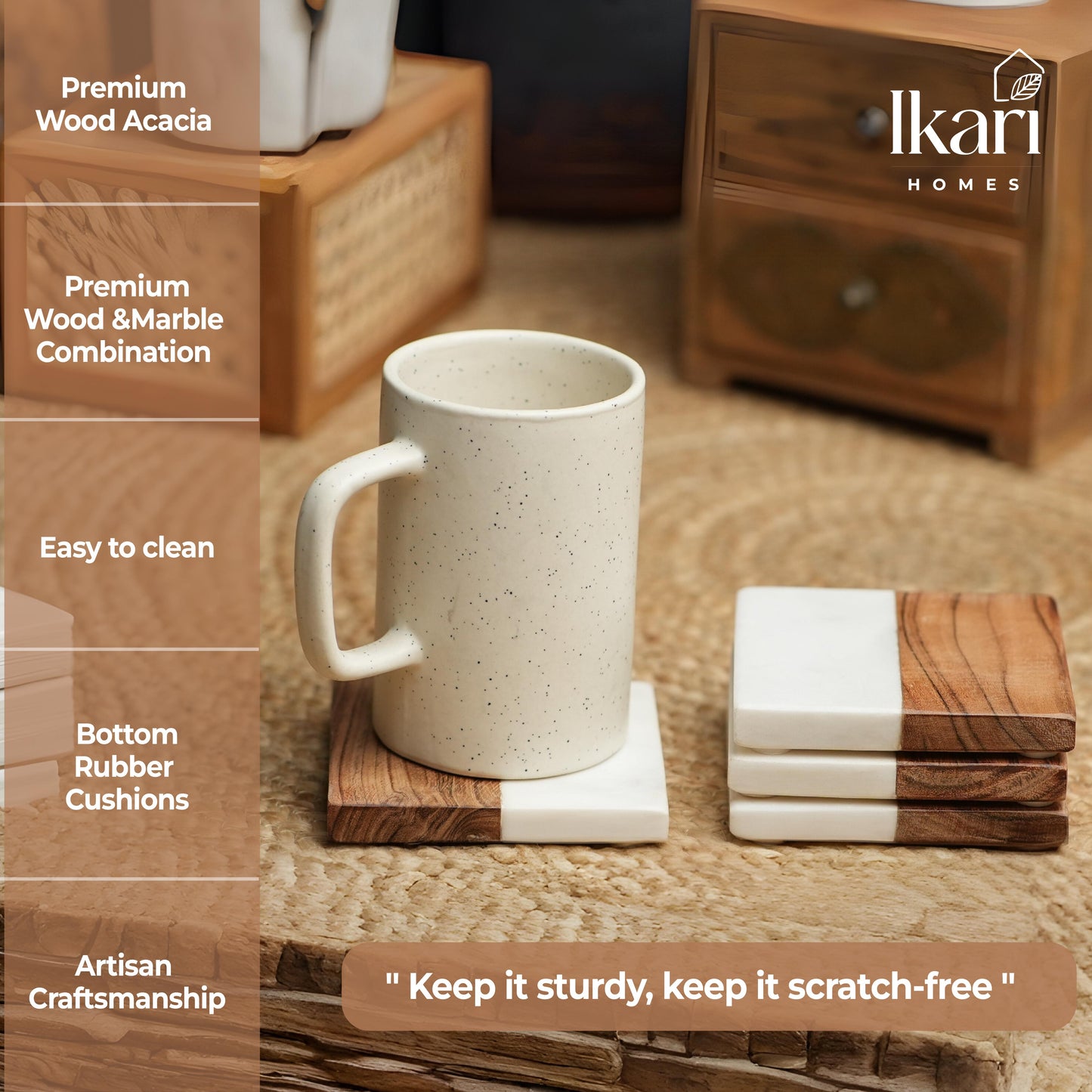 Boho Square Coasters – Natural Marble and Wood Blend (Set of 4)