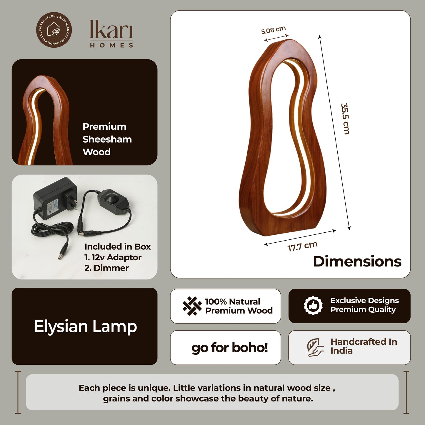 Elysian Lamp by Ikari Homes – a handcrafted wooden table lamp with a warm boho aesthetic, perfect for cozy corners and minimal interiors.