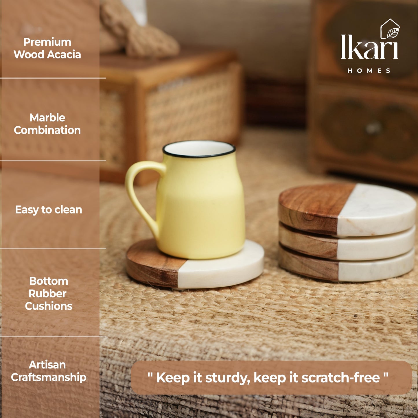 Round Marble & Wood Coasters, Set of 4