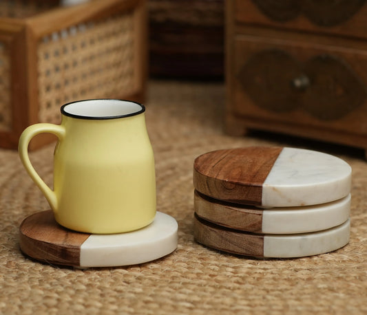 Round Marble & Wood Coasters, Set of 4