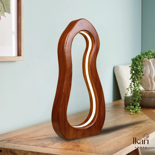 “Elysian Lamp by Ikari Homes – a handcrafted wooden table lamp with a warm boho aesthetic, perfect for cozy corners and minimal interiors.