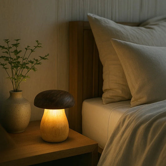 The mushroom-shaped design creates a warm, ambient glow through its illuminated stem, casting a cosy golden light perfect for creating a relaxing atmosphere.