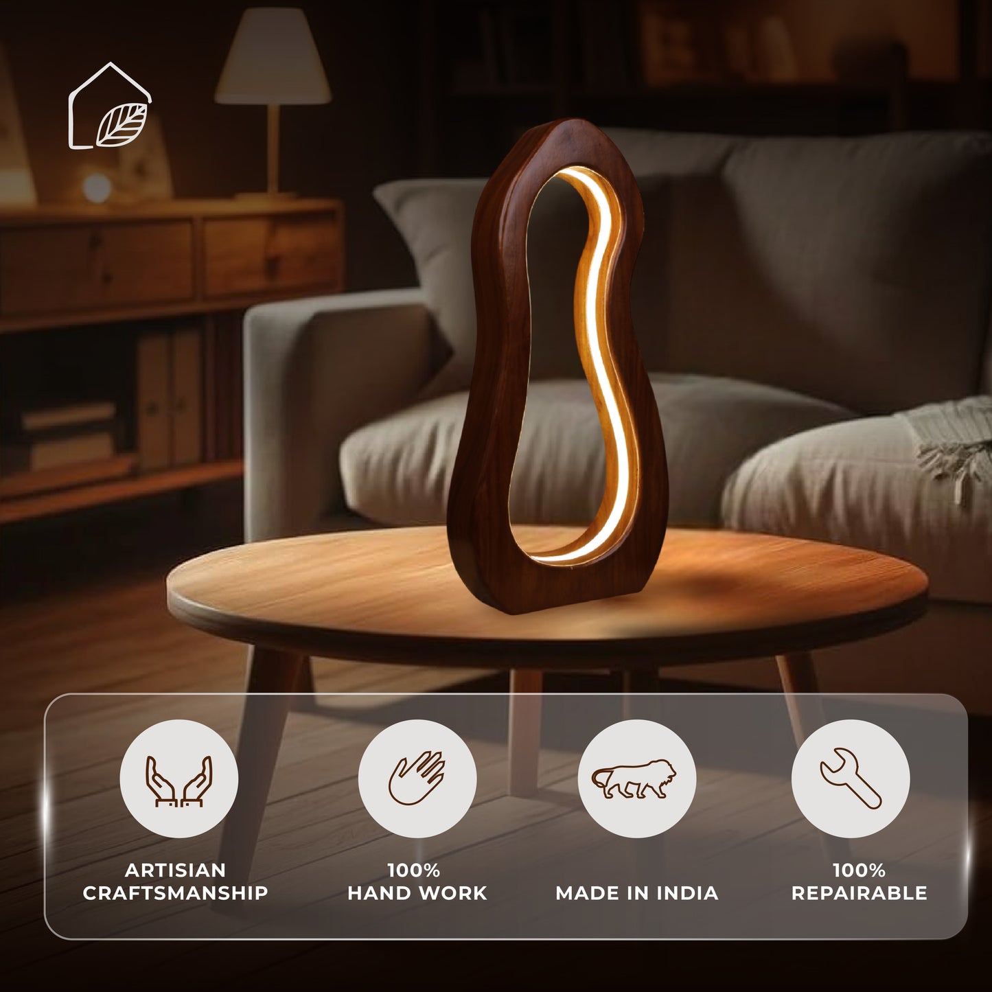 Elysian Lamp by Ikari Homes – a handcrafted wooden table lamp with a warm boho aesthetic, perfect for cozy corners and minimal interiors.”