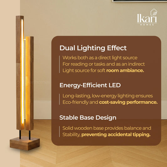 Wooden floor lamp with features highlighted on a brown background, featuring Ikam Homes branding.