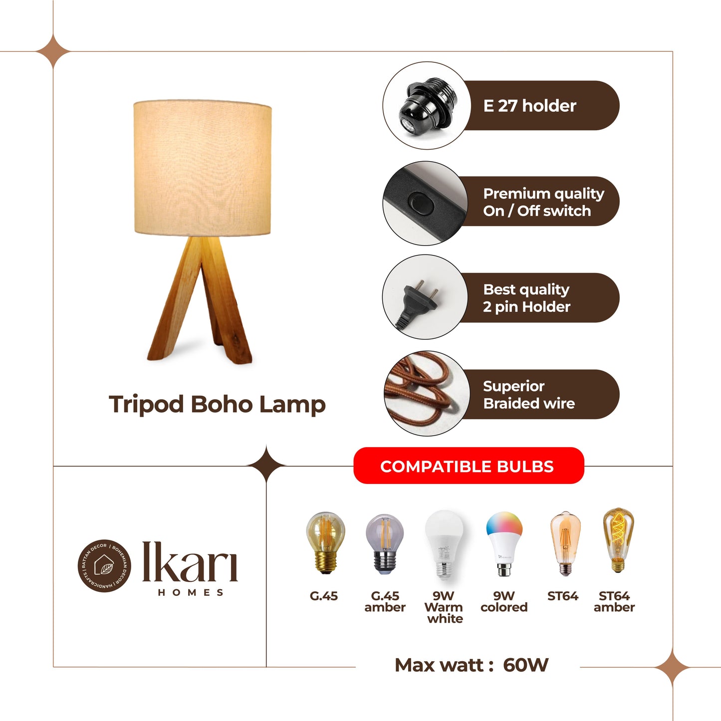 Modern Wooden Tripod Table Lamp – Artisanal Elegance with a Rustic Touch
