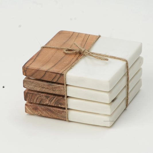 Boho Square Coasters – Natural Marble and Wood Blend (Set of 4)