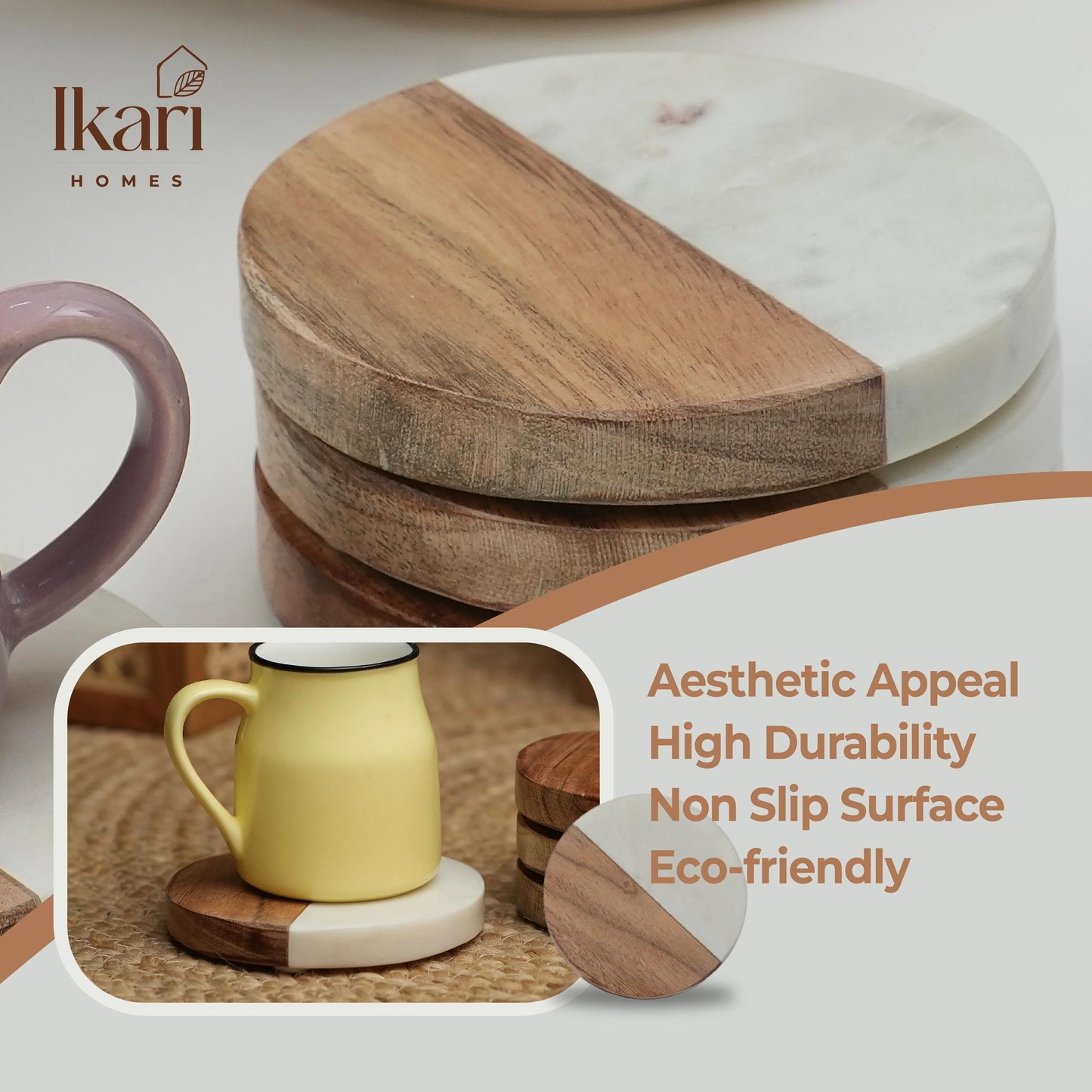 Round Marble & Wood Coasters, Set of 4