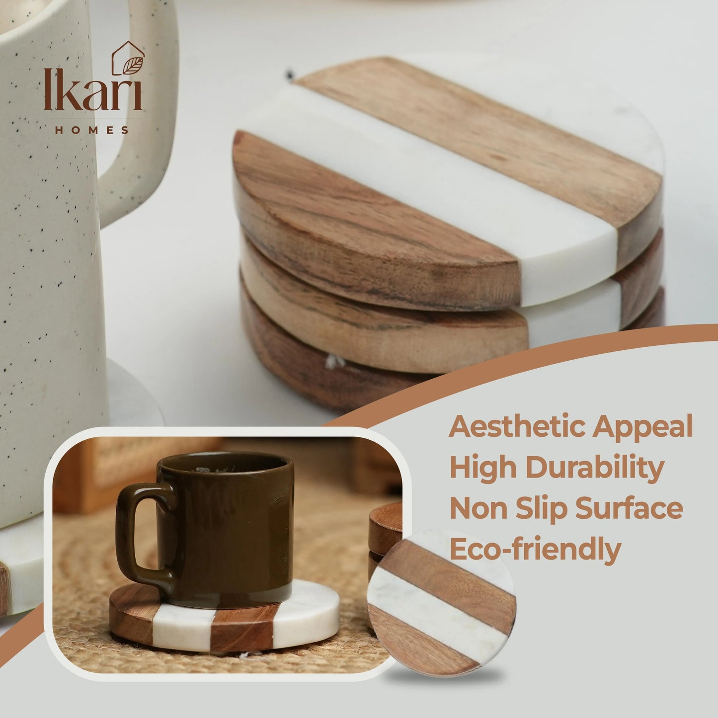 Boho Terra Duo Round Marble & Wood Coasters, Set of 4