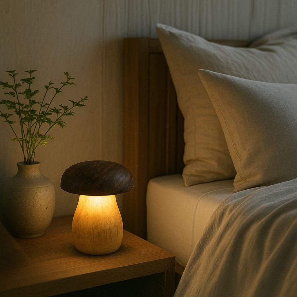 Handcrafted Wooden Mushroom Lamp – Whimsical Glow, Natural Charm