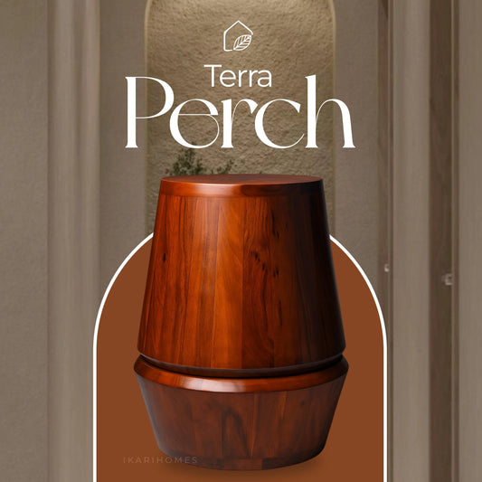 Wooden planter, accent table, coffee table, with 'Terra Perch' branding on a brown background
