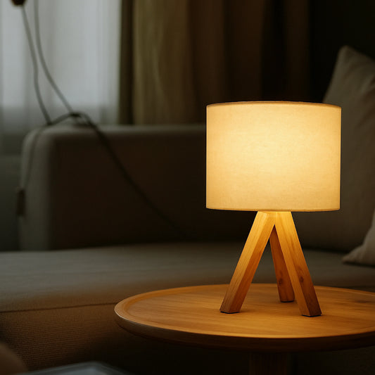 Modern Wooden Tripod Table Lamp – Artisanal Elegance with a Rustic Touch