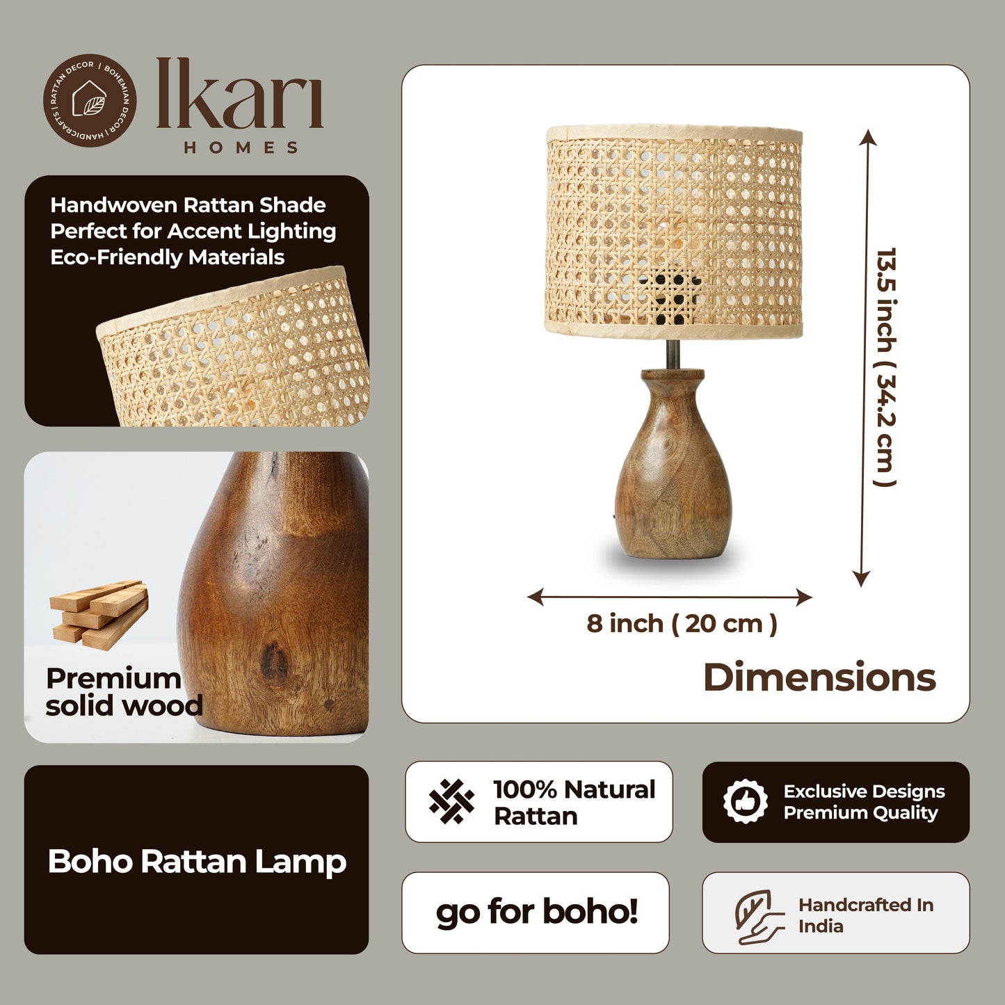 Boho Rattan Lamp with dimensions and material details on a gray background