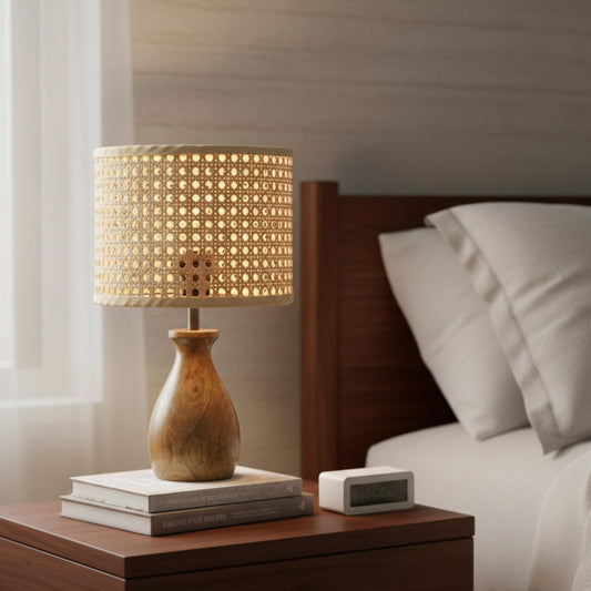 Wooden lamp with wicker shade on a nightstand next to a bed