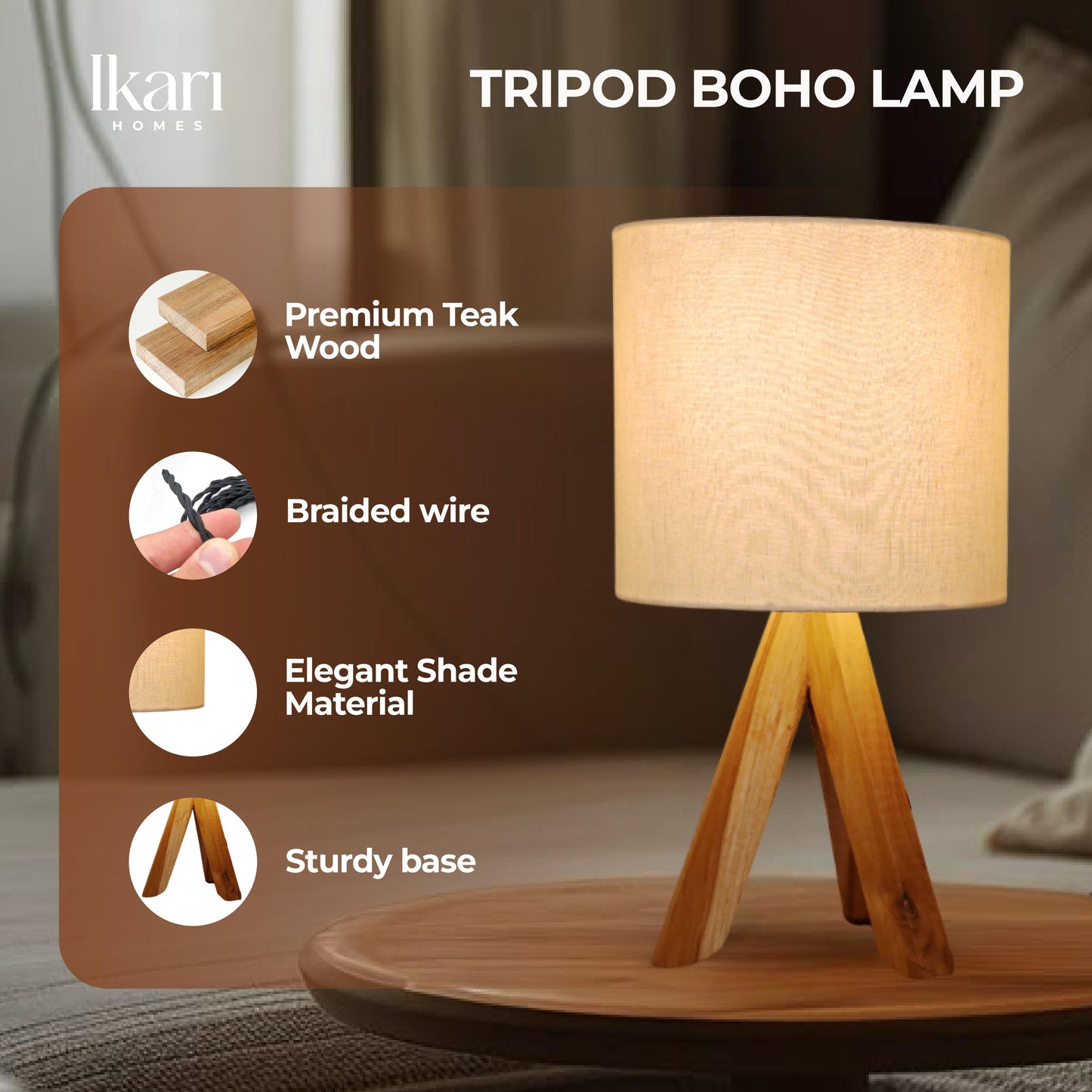 Modern Wooden Tripod Table Lamp – Artisanal Elegance with a Rustic Touch