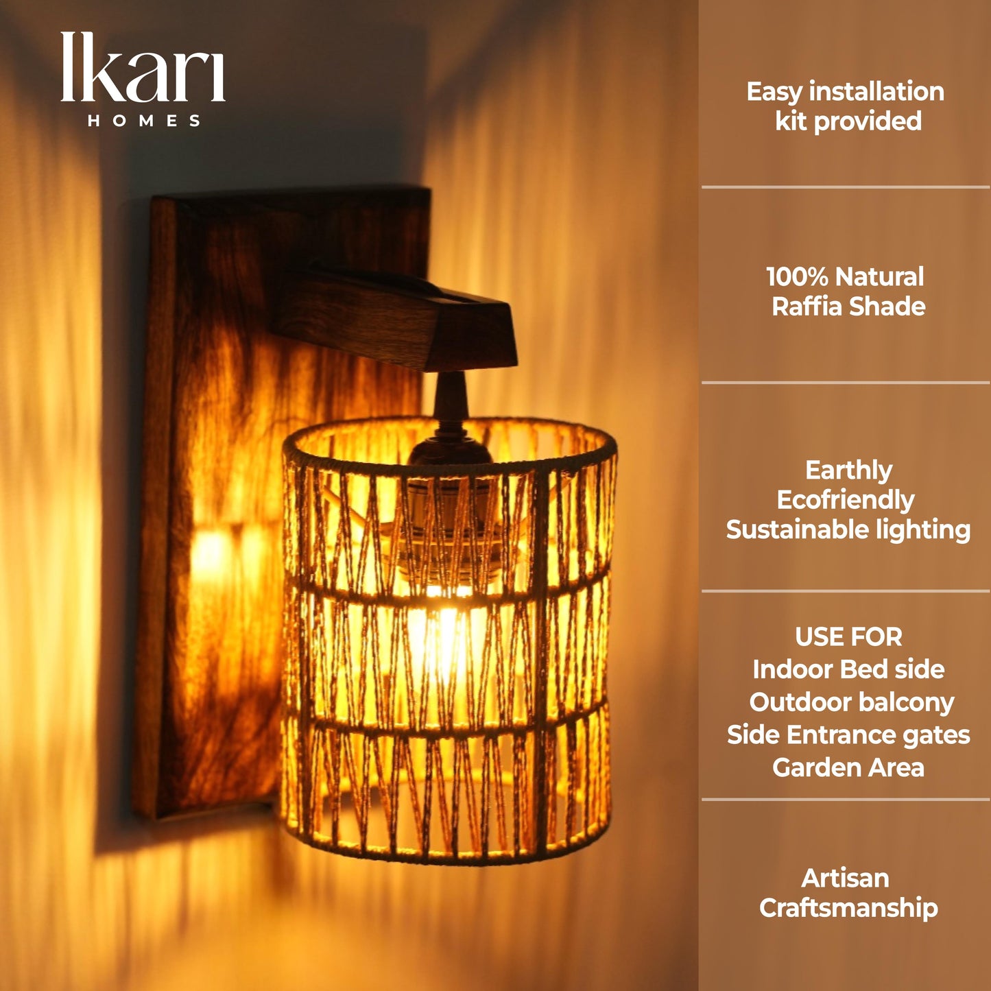 Rustic Wooden Wall Lamp – Textured Elegance, Boho Glow