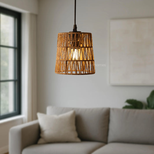 Zigzag Raffia Dome Hanging Lamp – Handwoven Geometry, Soft Radiance