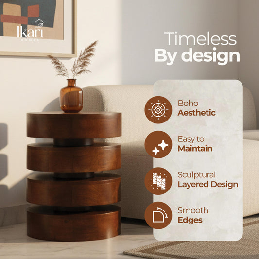 Wooden side table with decorative vase in a living room setting, featuring Ikari brand.