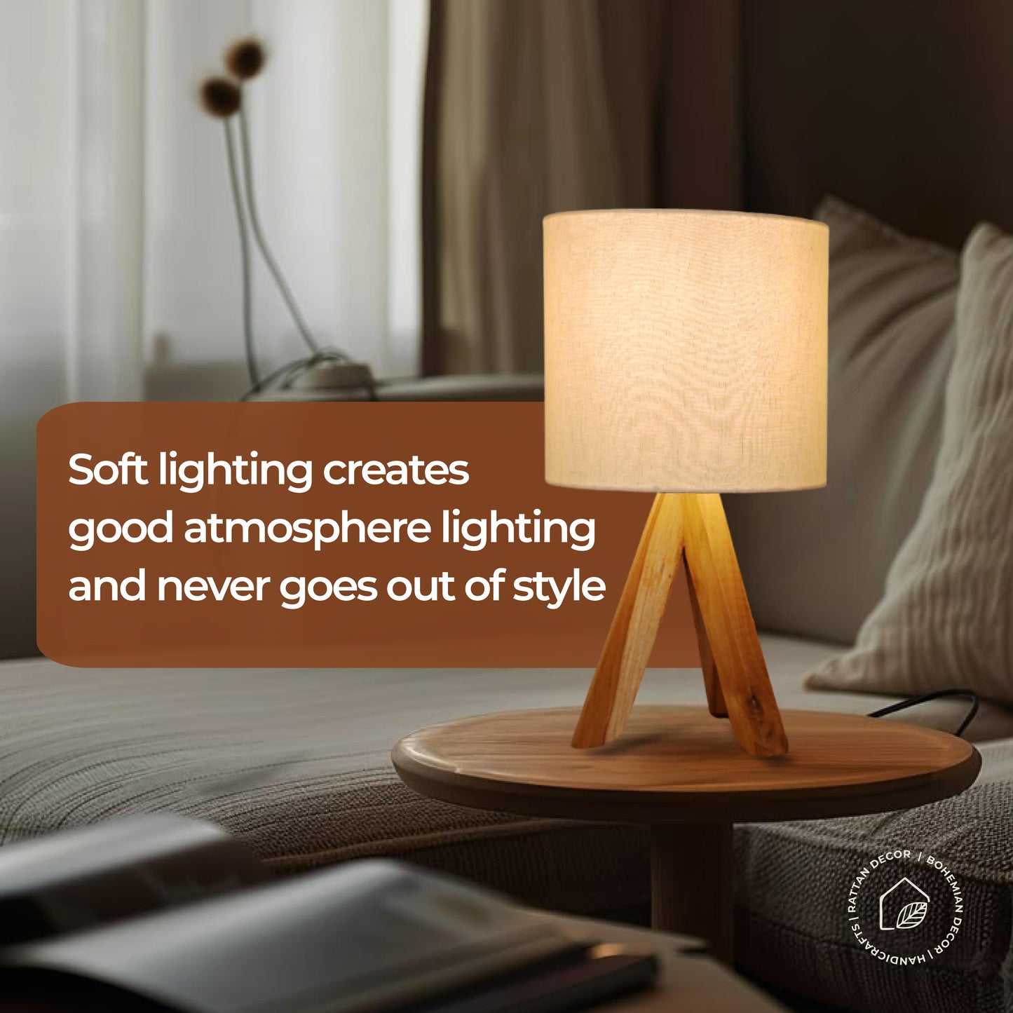 Modern Wooden Tripod Table Lamp – Artisanal Elegance with a Rustic Touch