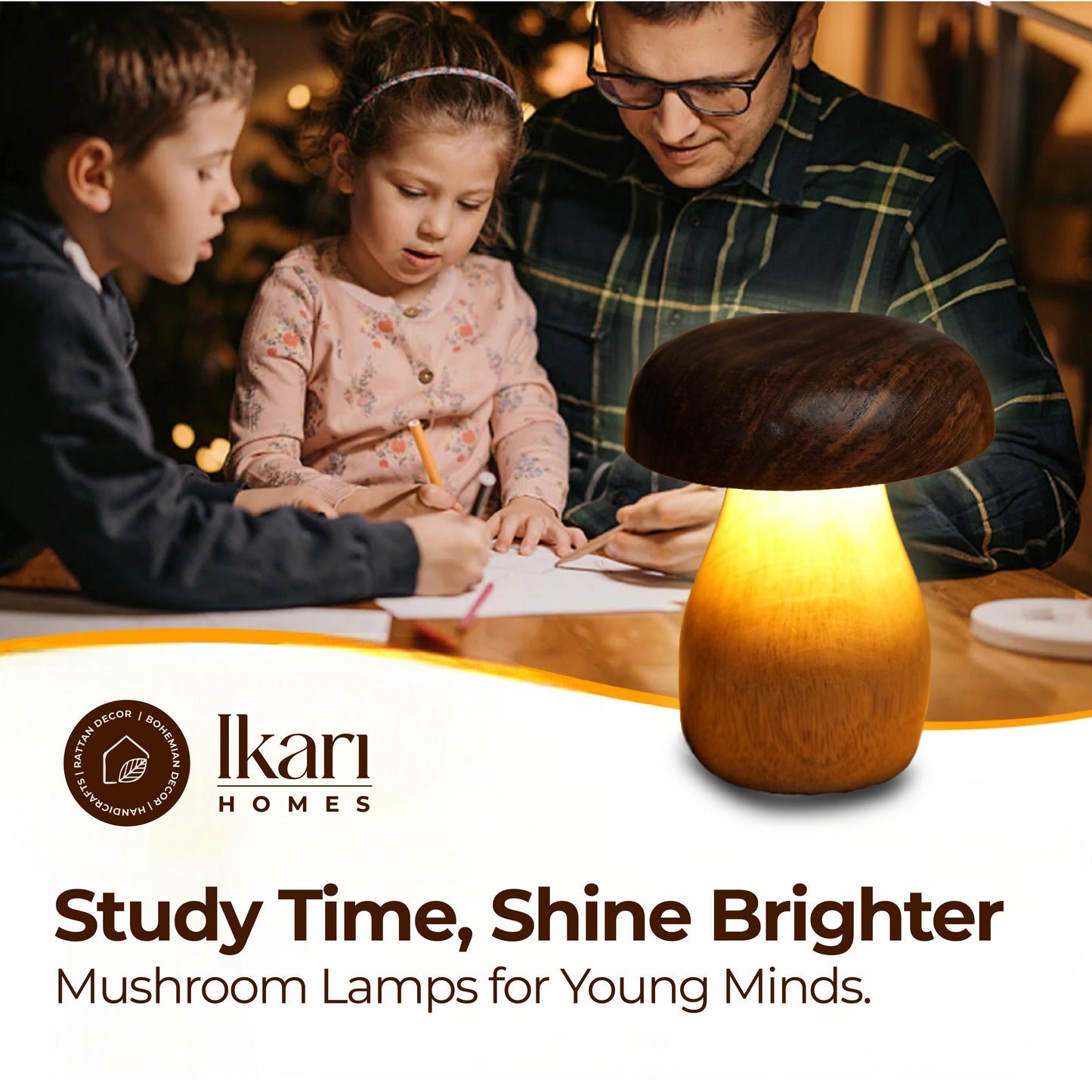 Handcrafted Wooden Mushroom Lamp – Whimsical Glow, Natural Charm