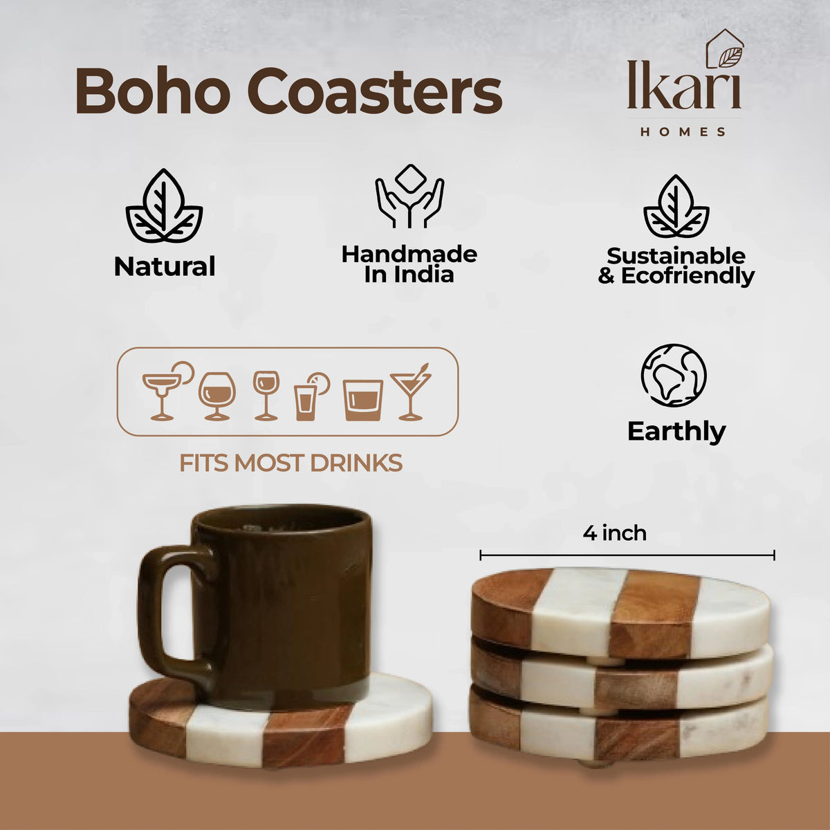 Boho Terra Duo Round Marble & Wood Coasters, Set of 4