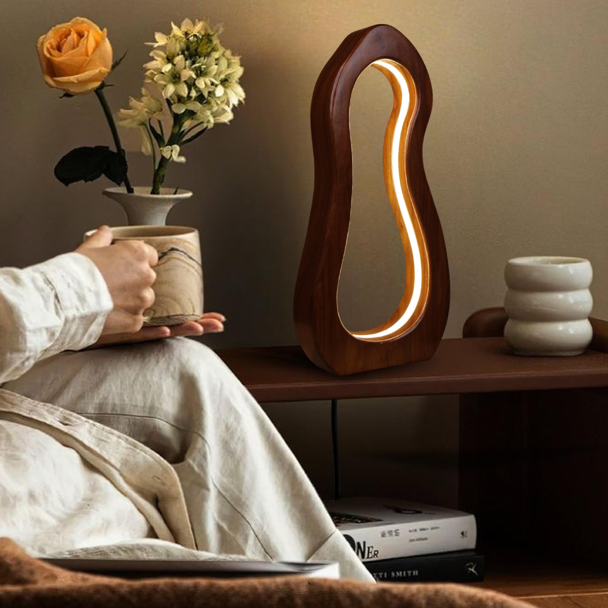 Elysian Lamp by Ikari Homes – a handcrafted wooden table lamp with a warm boho aesthetic, perfect for cozy corners and minimal interiors.”