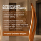 A tall, sculptural floor lamp with a curved wooden frame and integrated warm white LED lighting, shown in a modern interior setting with promotional text overlays.