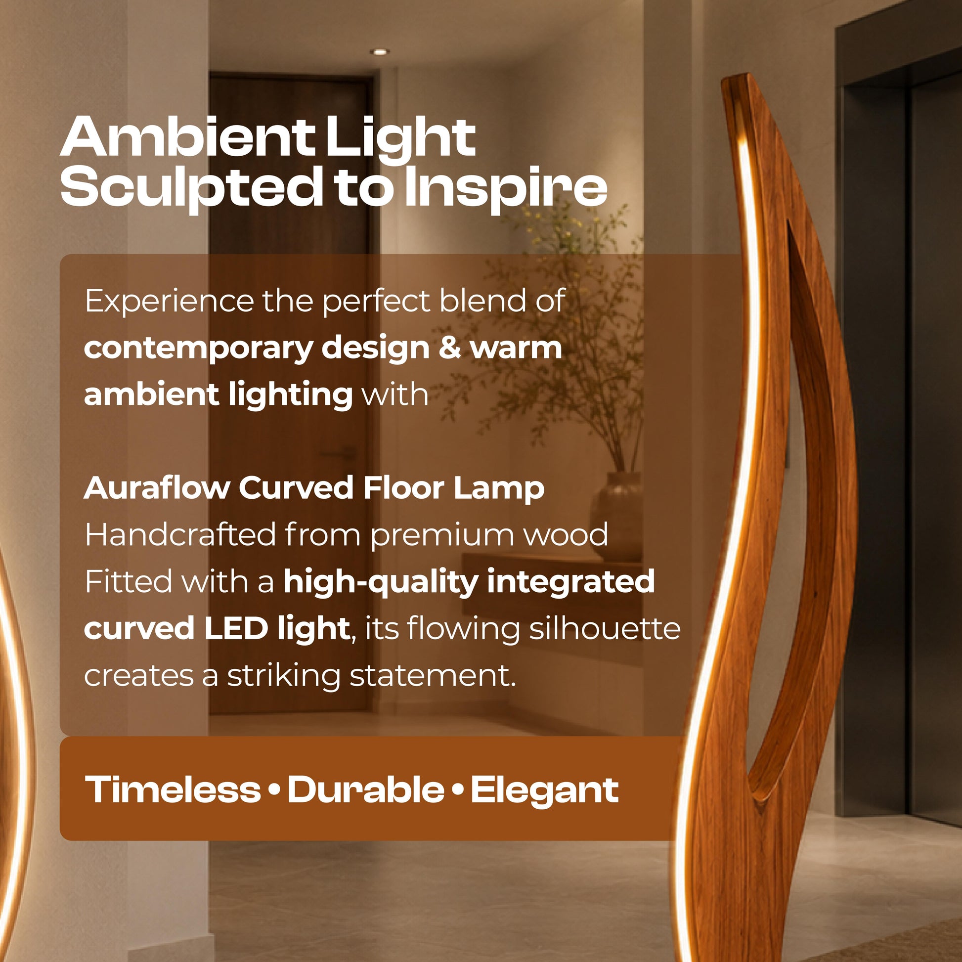 A tall, sculptural floor lamp with a curved wooden frame and integrated warm white LED lighting, shown in a modern interior setting with promotional text overlays.