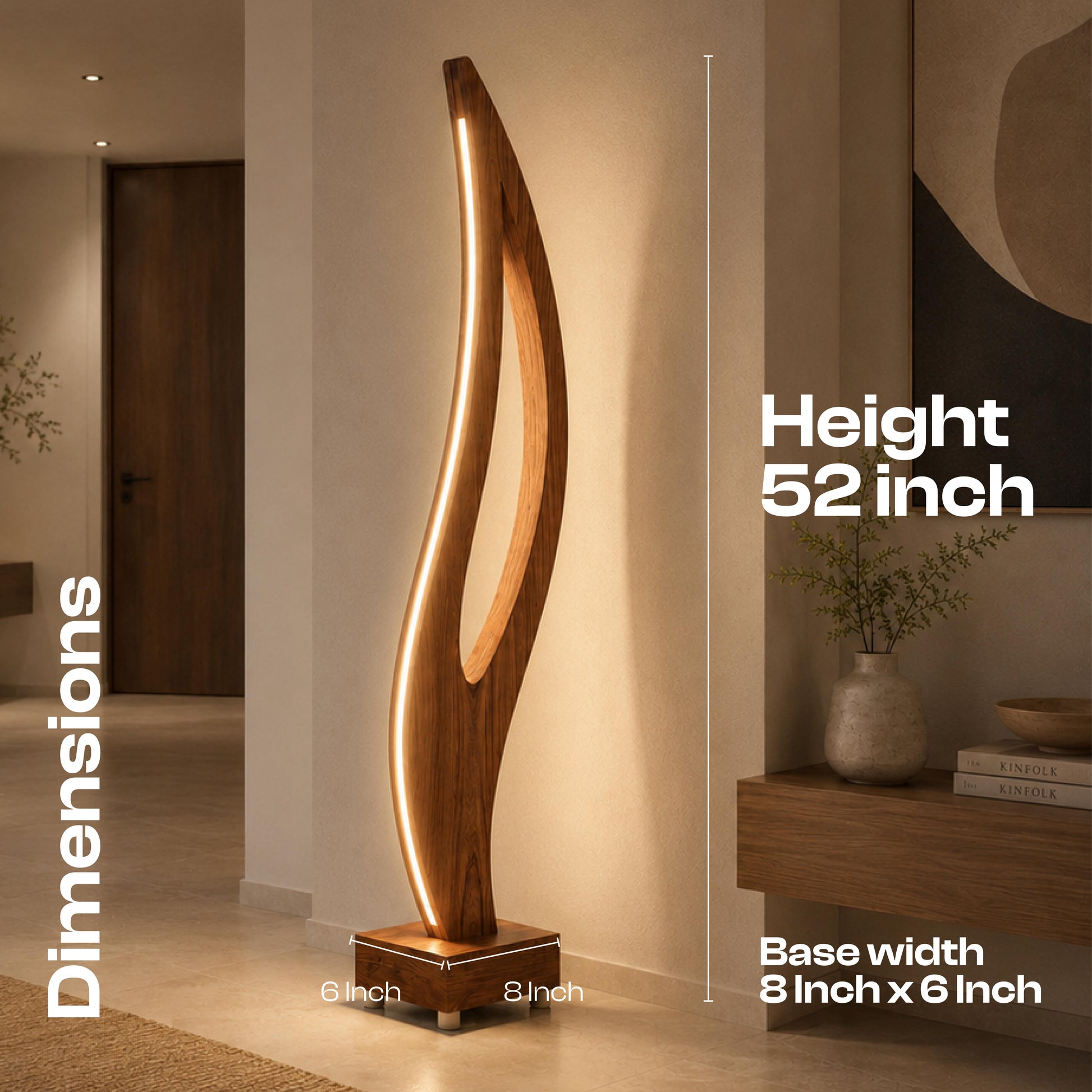 A tall sculptural floor lamp with a curved wooden body and warm LED lighting, shown in a modern interior setting with overlaid dimension labels reading 52 inch height and 8 inch by 6 inch base.