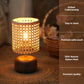 Woven wooden lamp with text highlighting features on a blurred background