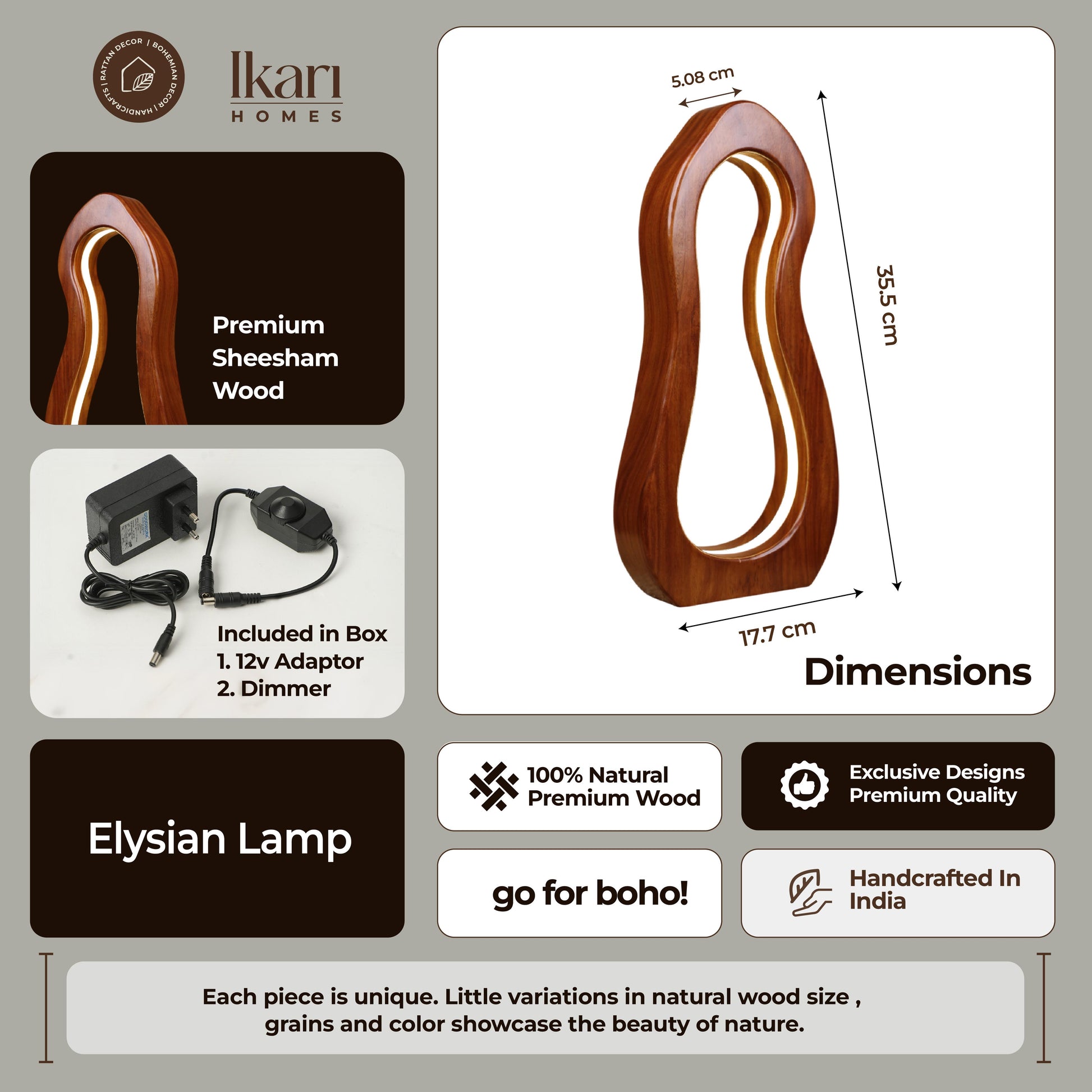 Elysian Lamp by Ikari Homes – a handcrafted wooden table lamp with a warm boho aesthetic, perfect for cozy corners and minimal interiors.