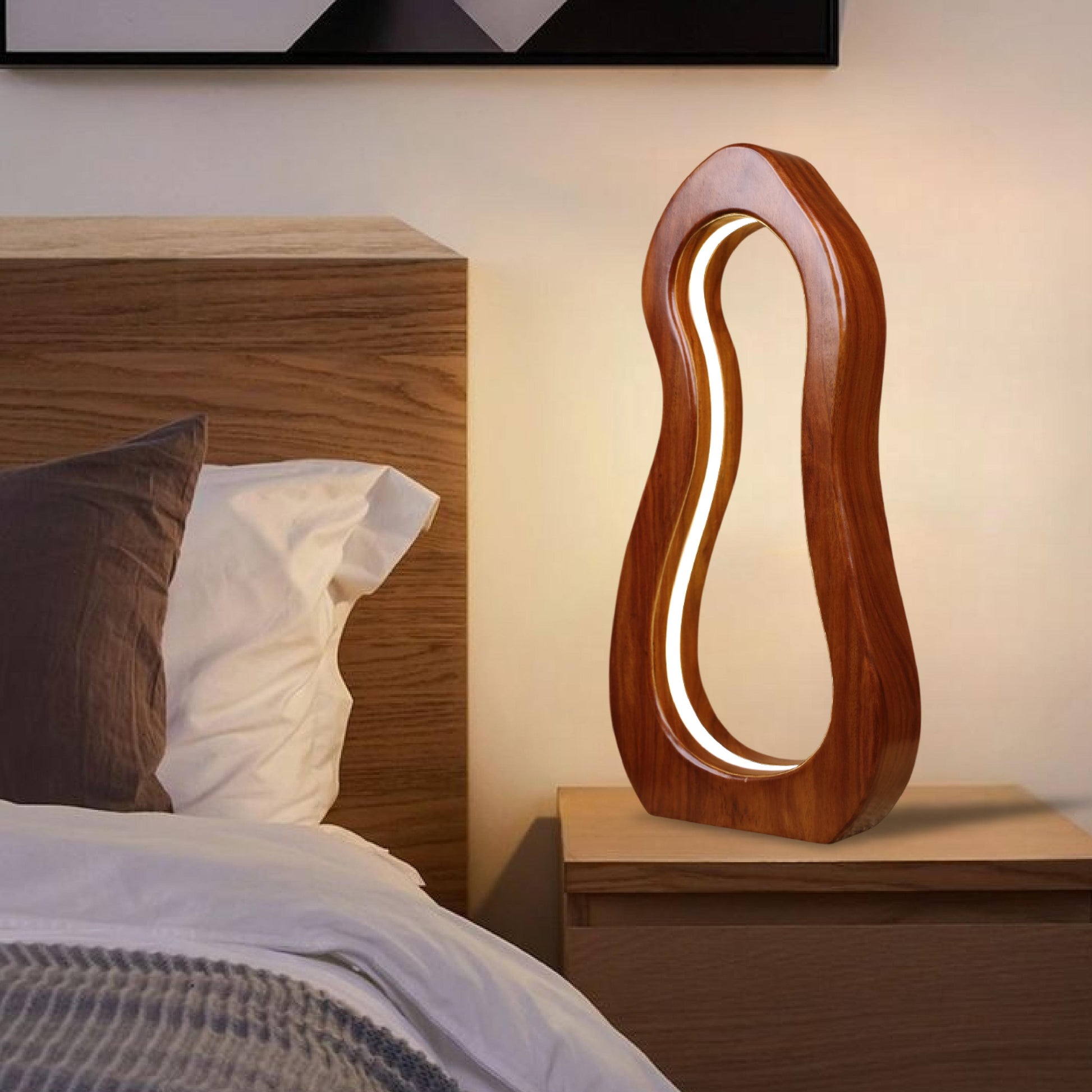 Elysian Lamp by Ikari Homes – a handcrafted wooden table lamp with a warm boho aesthetic, perfect for cozy corners and minimal interiors.”

