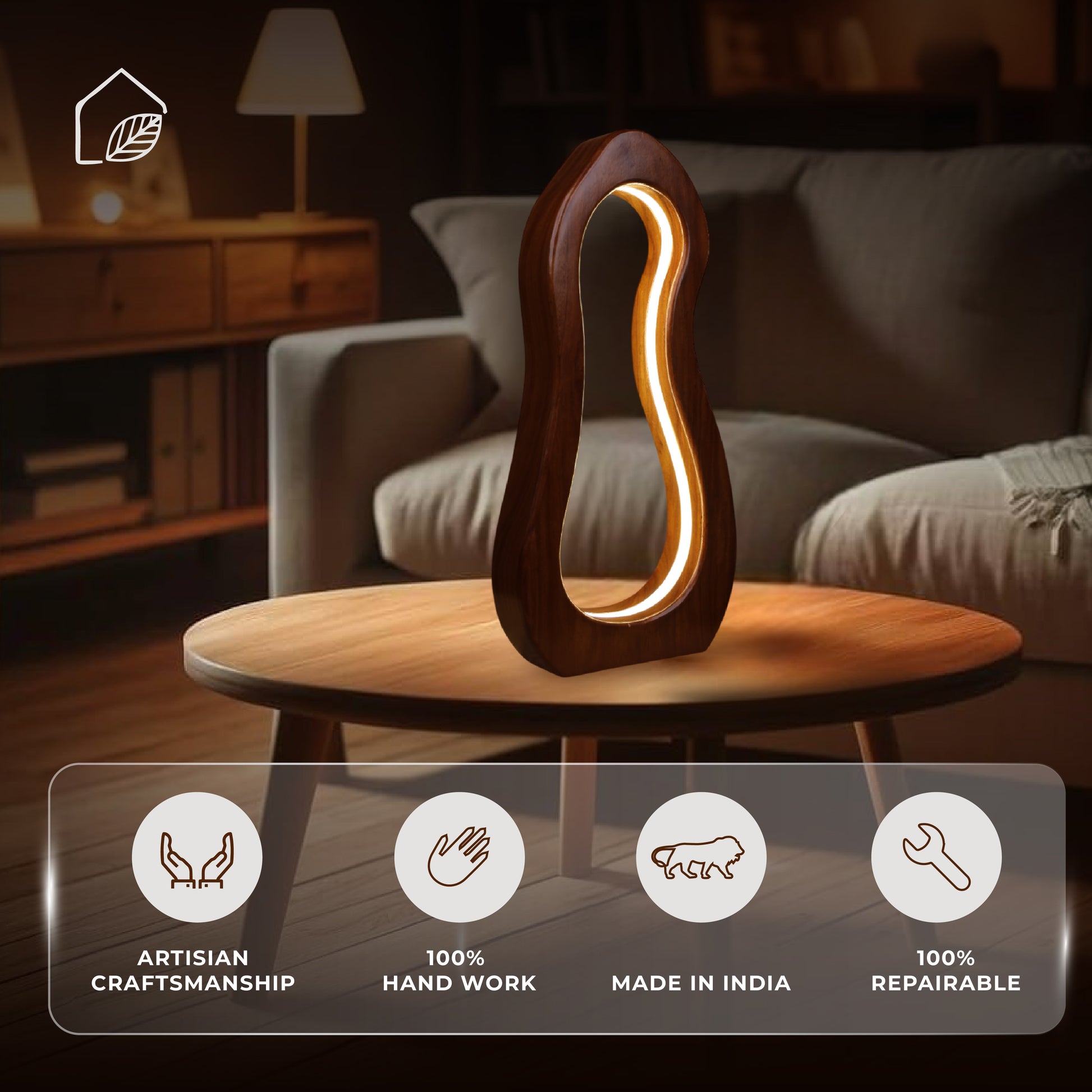 Elysian Lamp by Ikari Homes – a handcrafted wooden table lamp with a warm boho aesthetic, perfect for cozy corners and minimal interiors.”

