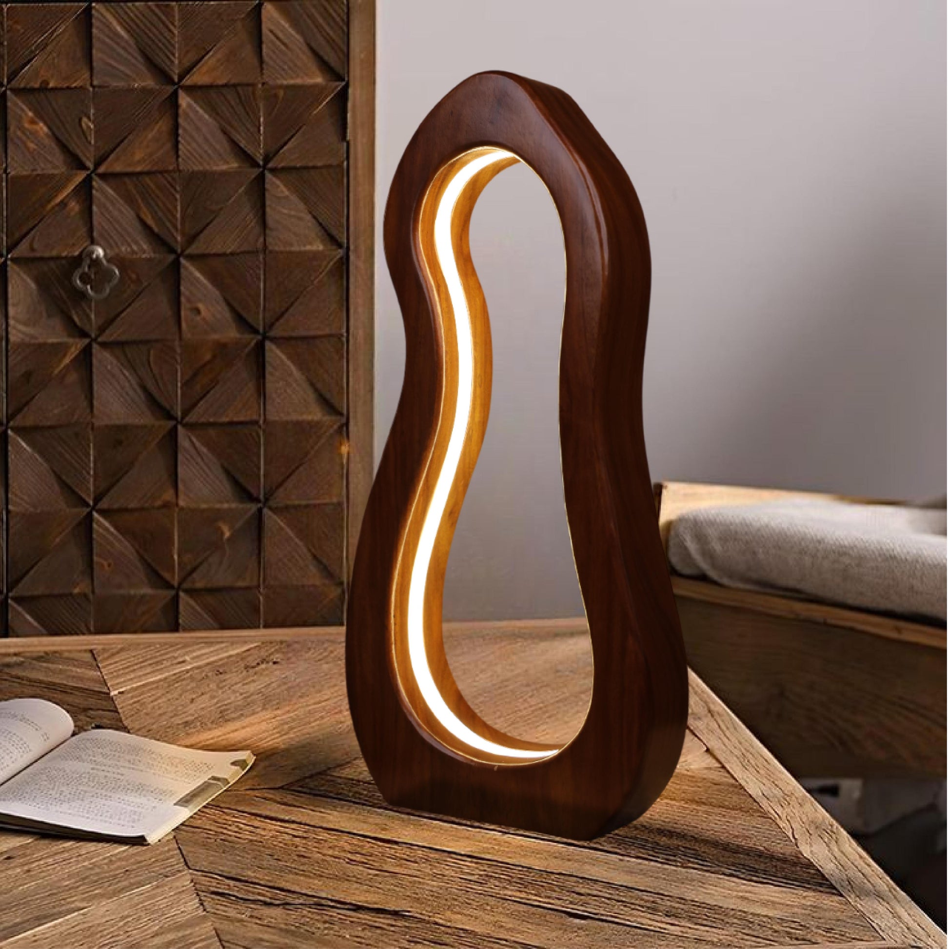 “Elysian Lamp by Ikari Homes – a handcrafted wooden table lamp with a warm boho aesthetic, perfect for cozy corners and minimal interiors.”

