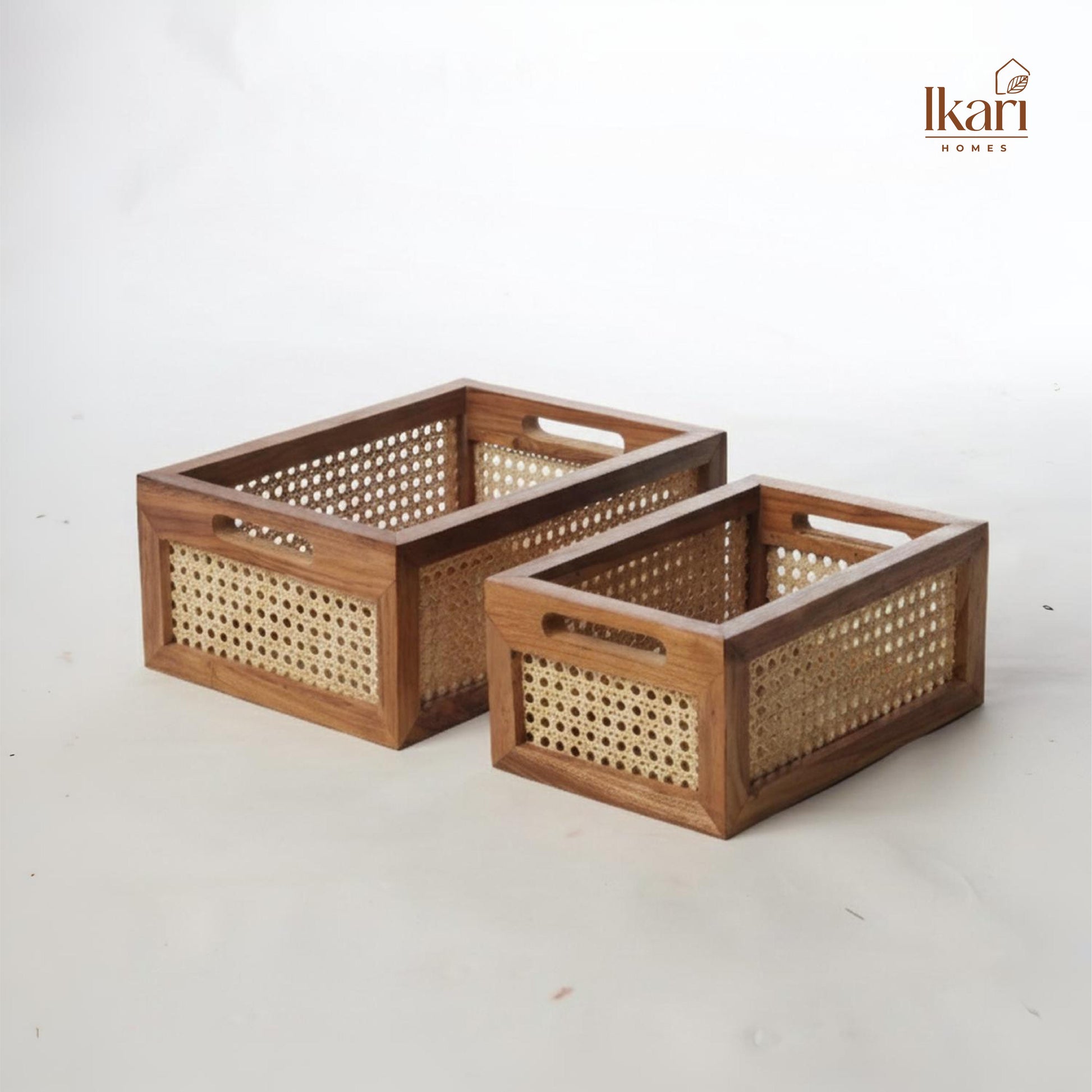 Two wooden Rattan Baskets with woven patterns on a white background, featuring by Ikari Homes