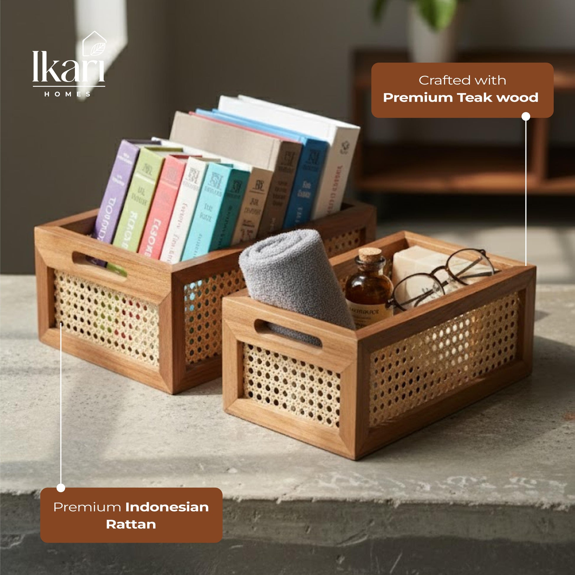 Two wooden storage baskets with rattan handles on a surface, containing books and items.