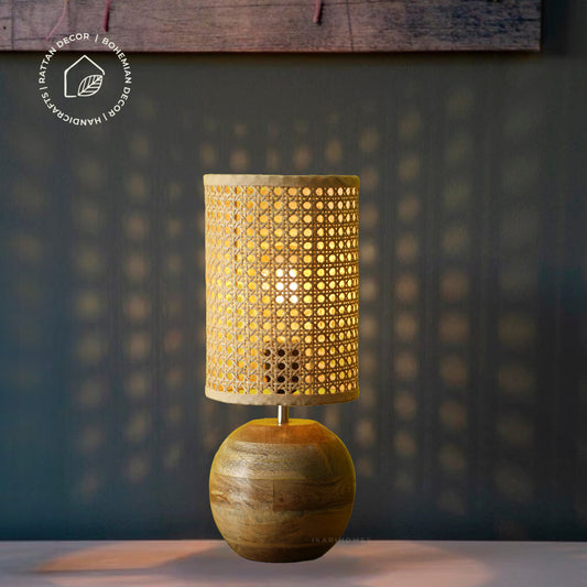 Lumi Rattan table lamp by Ikari Homes with handwoven rattan shade and wooden base for boho interiors