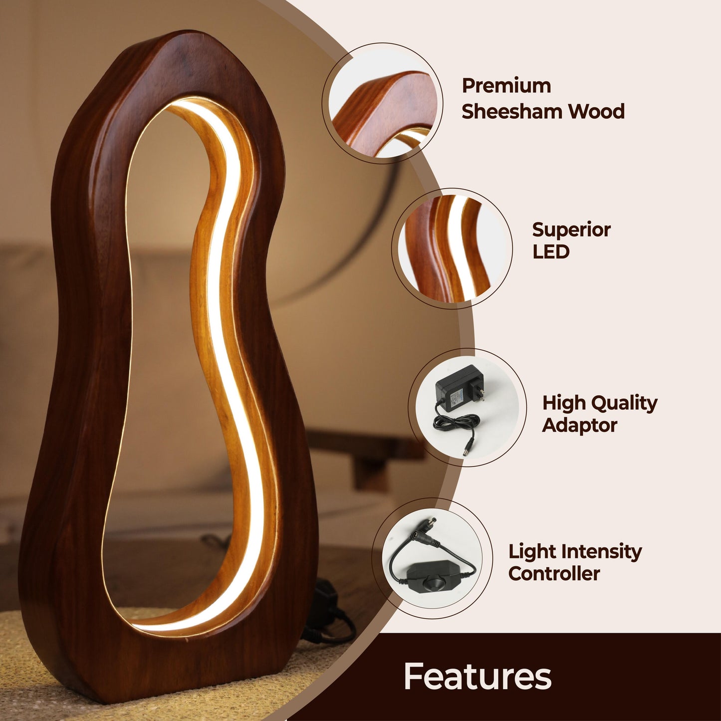 “Elysian Lamp by Ikari Homes – a handcrafted wooden table lamp with a warm boho aesthetic, perfect for cozy corners and minimal interiors.”

