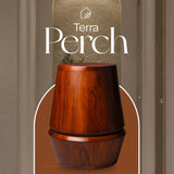 Wooden planter, accent table, coffee table,  with 'Terra Perch' branding on a brown background