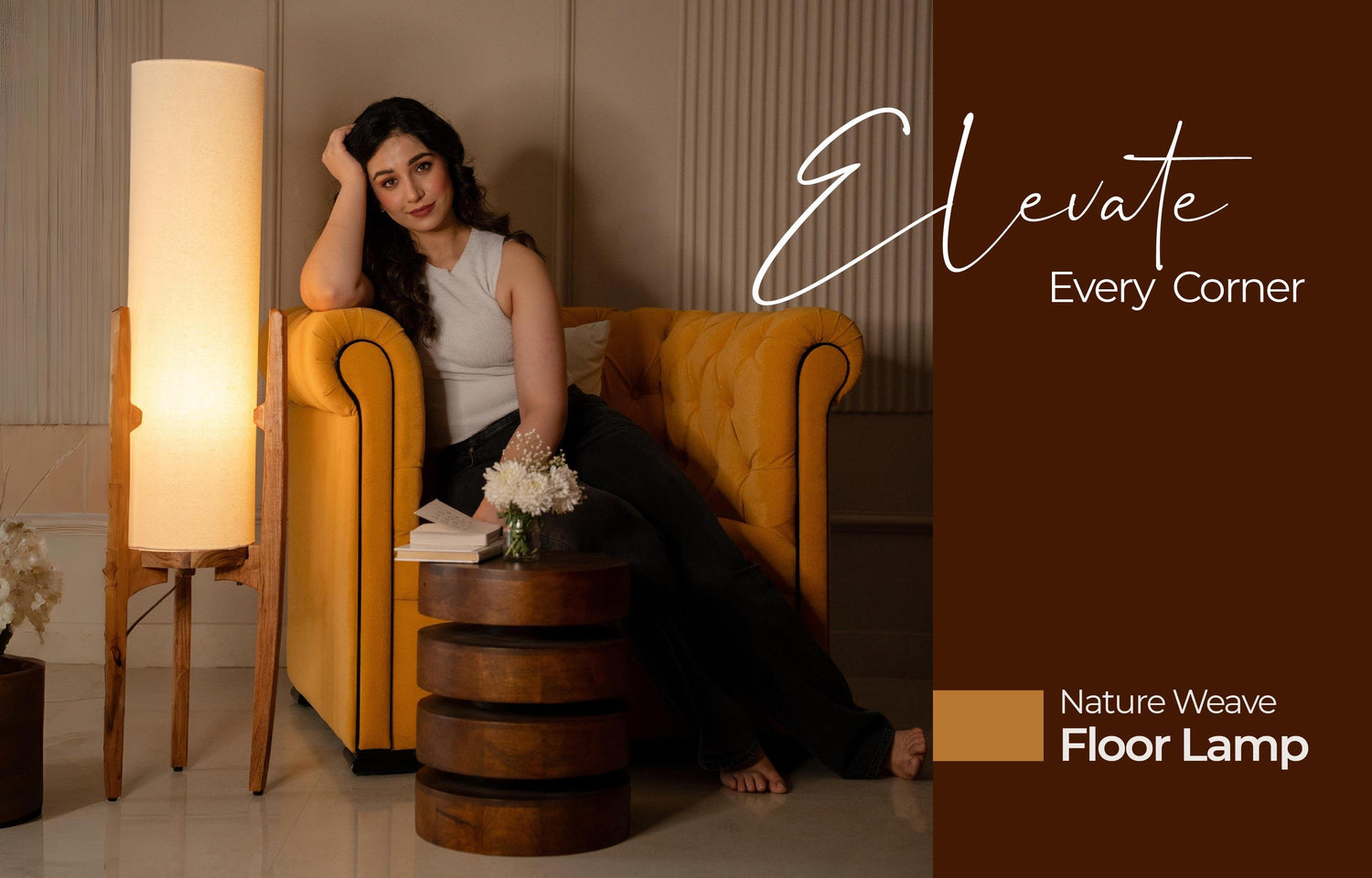 Woman sitting on a yellow armchair with a floor lamp next to her, featuring 'Elevate Every Corner' text and 'Nature Weave Floor Lamp' branding.