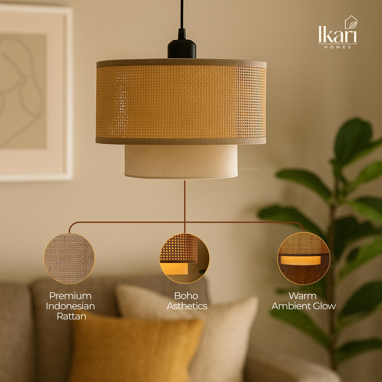 Rattan Square Duo Hanging Lamp 14 Inch