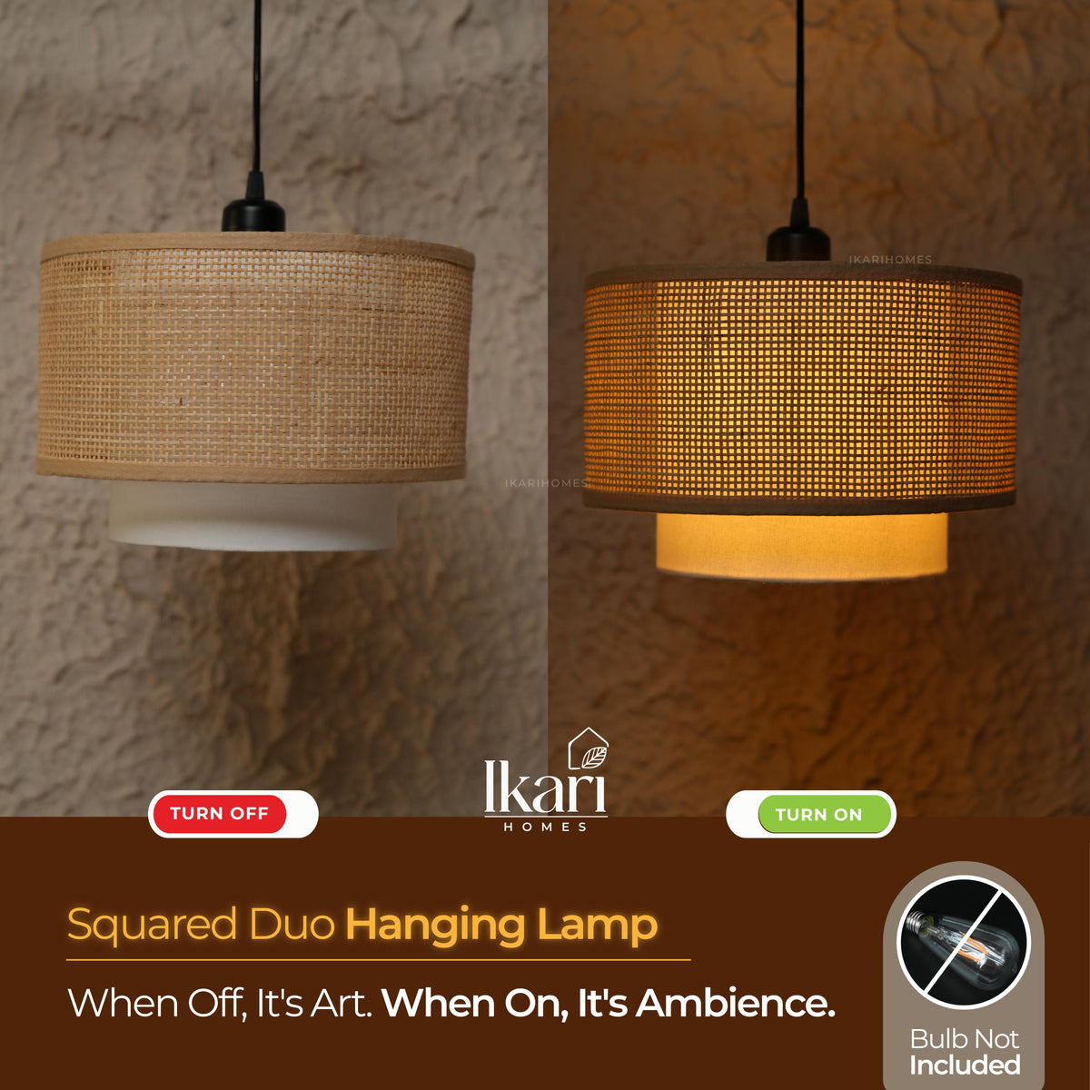 Rattan Square Duo Hanging Lamp 14 Inch
