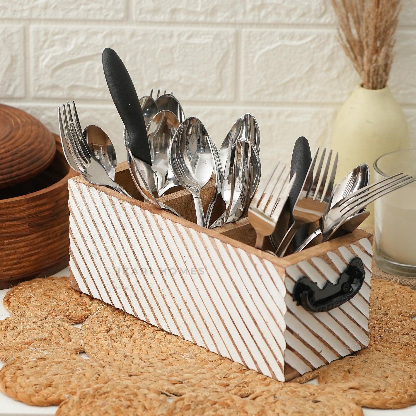 Ikari Homes banner featuring stylish and functional wooden kitchen organizers, perfect for a tidy and elegant kitchen space