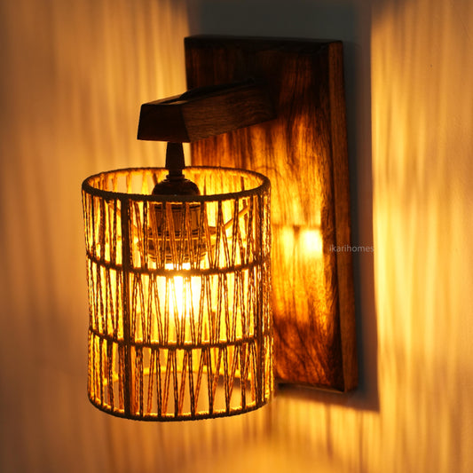 Rustic Wooden Wall Lamp – Textured Elegance, Boho Glow