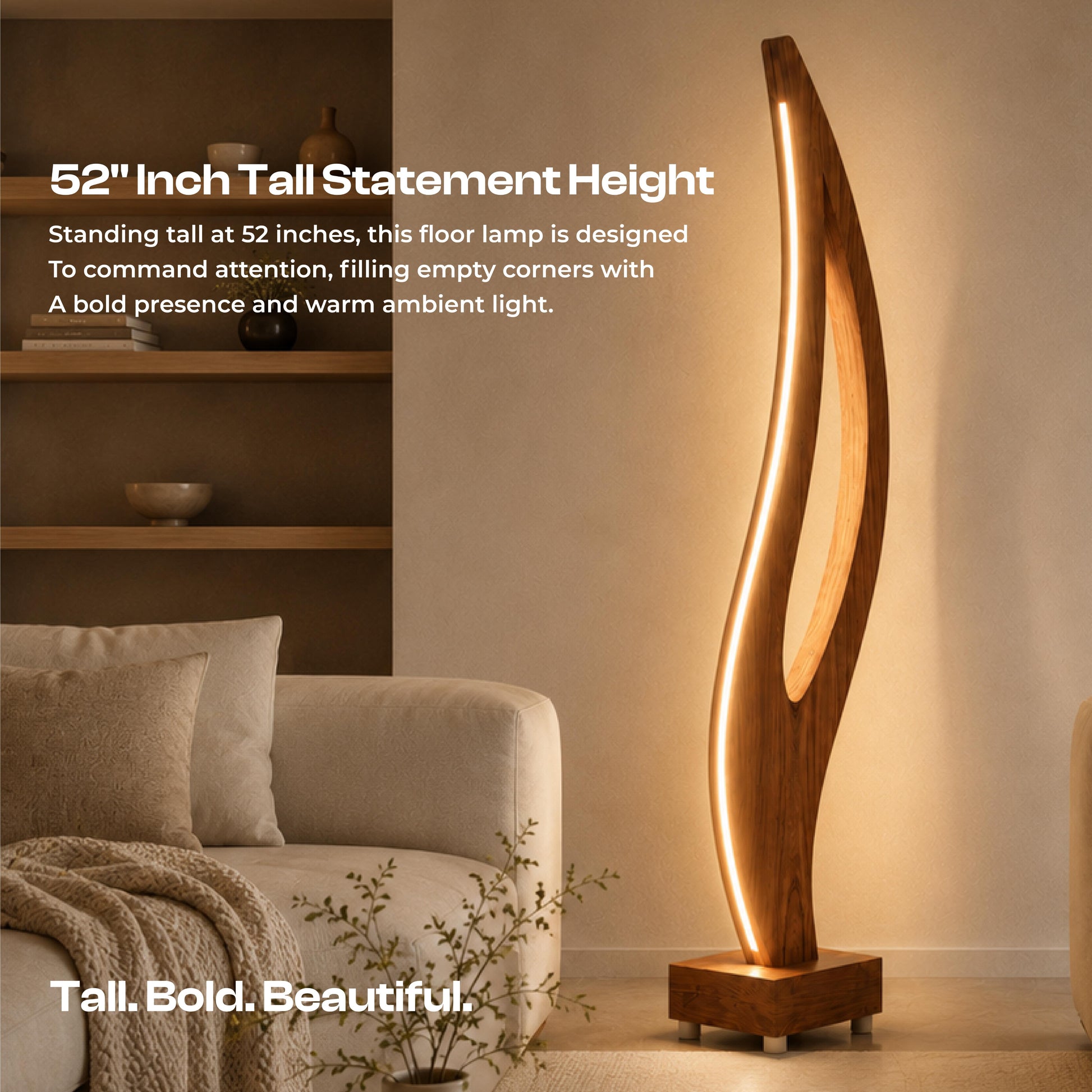 A tall, modern statement floor lamp with a curved wooden frame and warm LED lighting, shown in a styled living room setting next to a sofa. Text overlays highlight its 52-inch height and bold design.