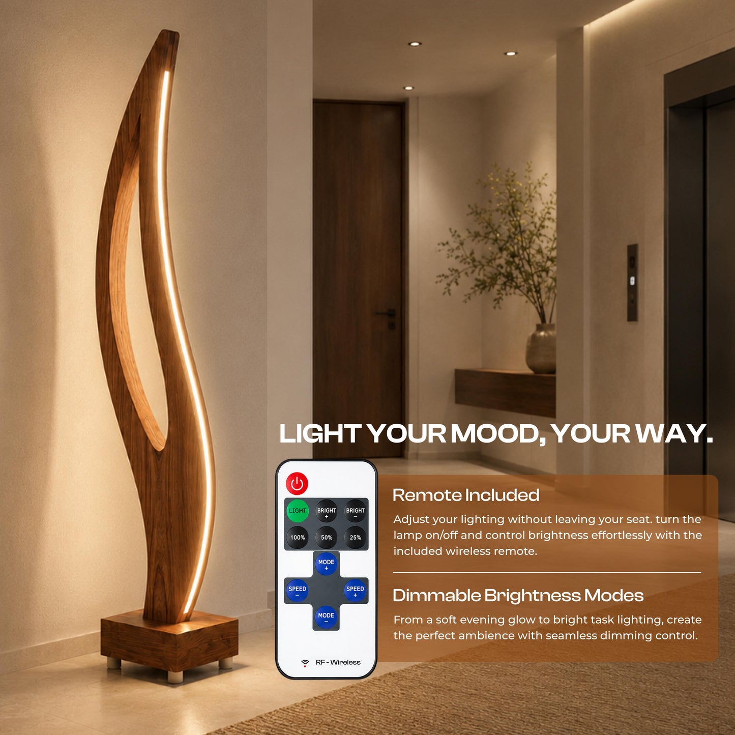 A tall sculptural wooden floor lamp with a curved illuminated wood body stands in a modern hallway. A smartphone remote control is shown beside it, with marketing text reading 'LIGHT YOUR MOOD, YOUR WAY.