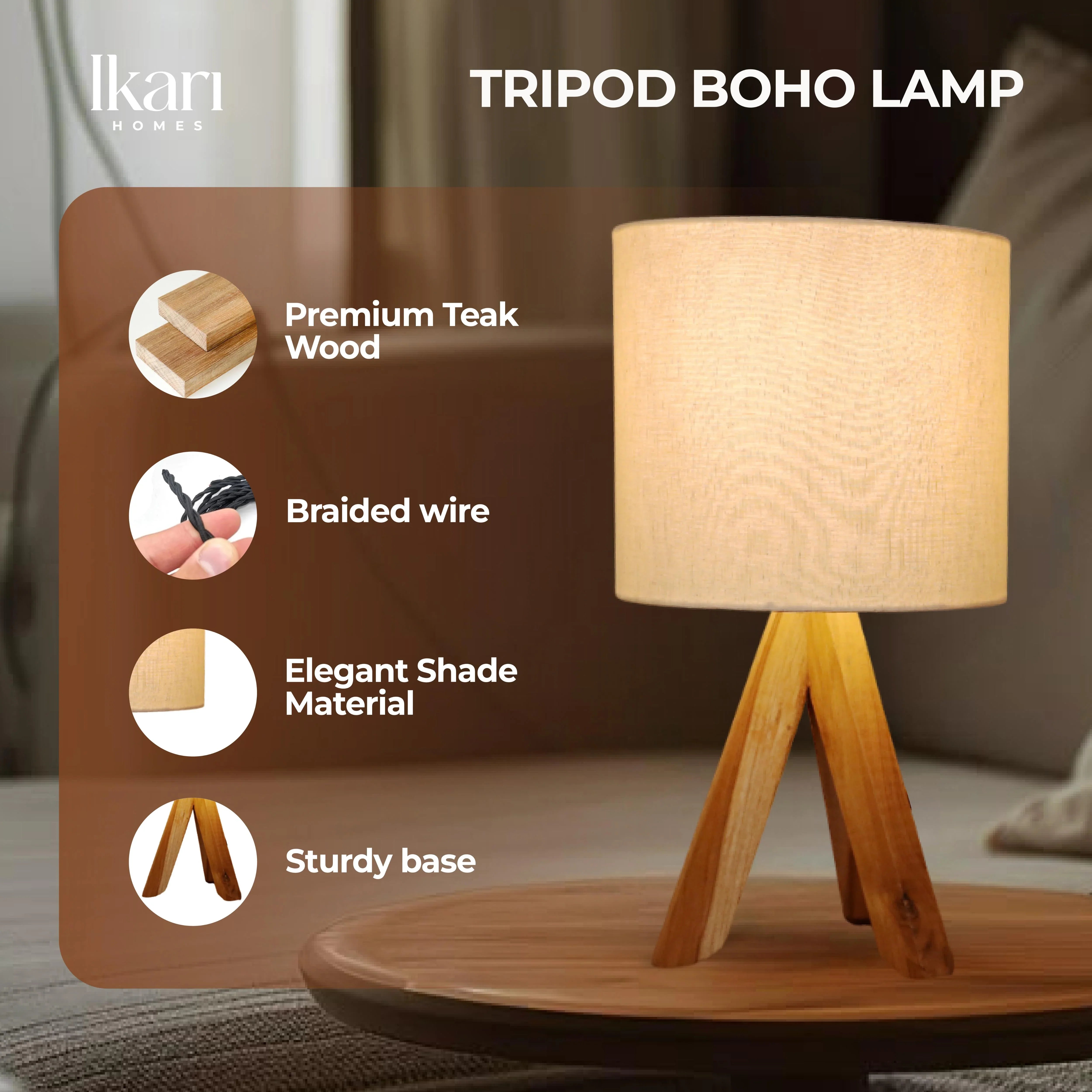 Wood Tripod Table Lamp – Modern Rustic Teak Bedside